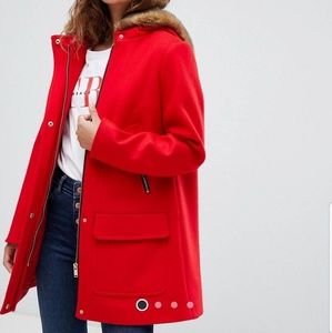 ASOS Design hooded slim coat with faux fur trim